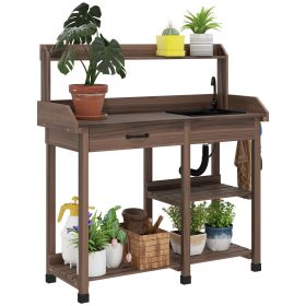 Potting Bench Table, Outdoor Garden Table Wooden Work Station with Removable Sink, Faucet, Drawer, Shelves, Hooks, Dark Brown